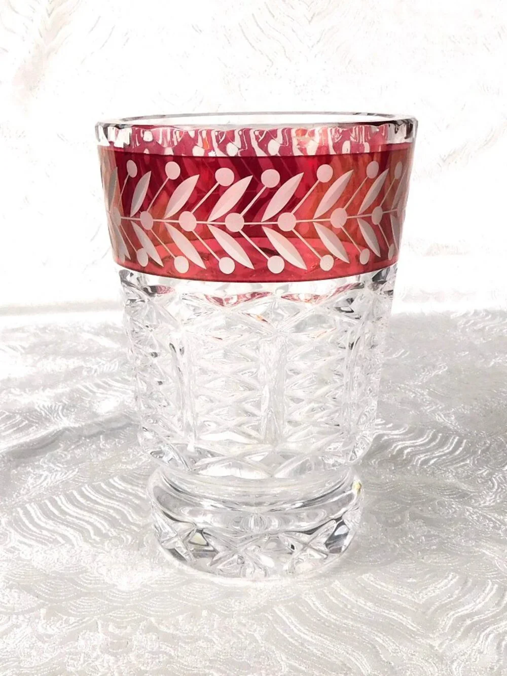 Short Cut Glass Vase with Red Cut to Clear Panel # 27638